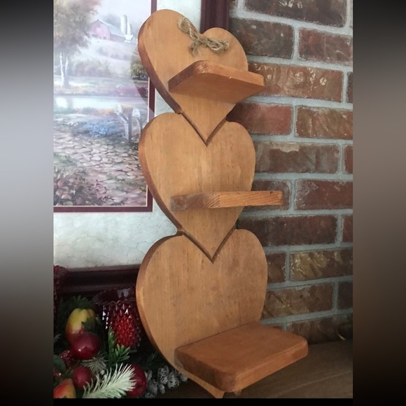 Vintage Handmade Solid Wood Hand Carved Rustic Brown Heart Wall Shelf - Picture 2 of 4